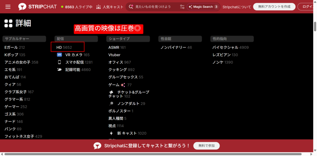 Stripchat公式サイトの高画質（HD）やインタラクティブトイの検索フィルター