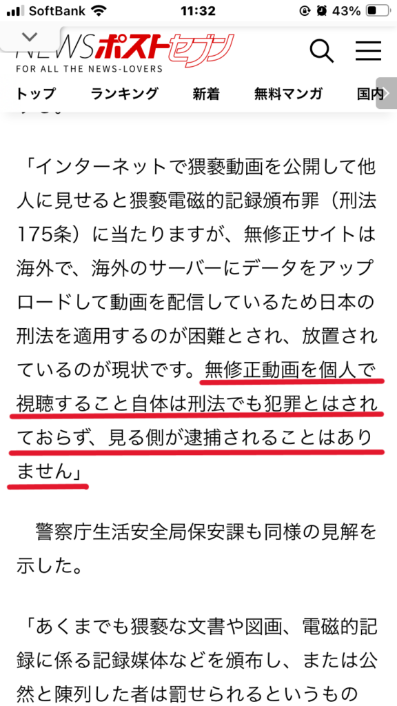 弁護士による無修正動画視聴の違法性に関する見解（NEWSポストセブン）