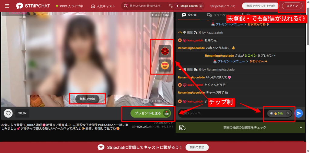 Stripchatのパブリックチャット画面(チップ制のUI)
