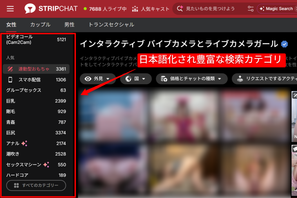 Stripchatの検索カテゴリ（日本語タグやインタラクティブトイ対応）