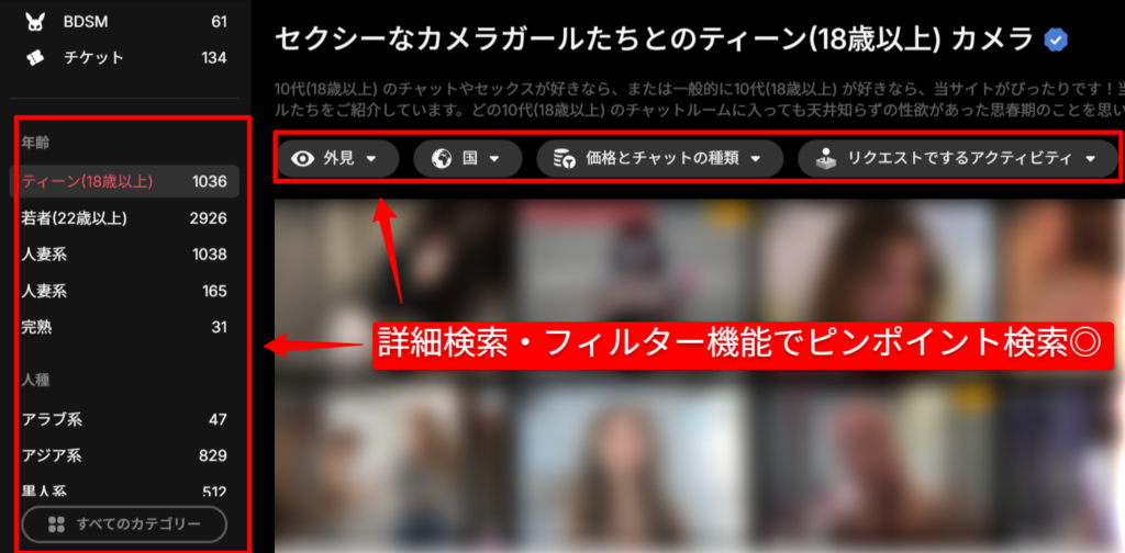 Stripchatの詳細検索・フィルター機能画面