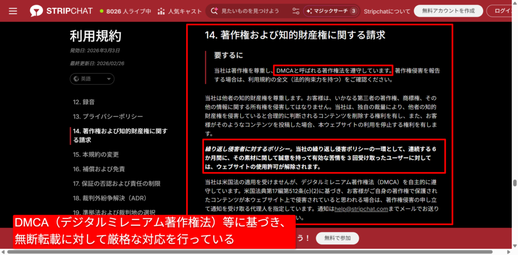 Stripchat公式サイトの利用規約・著作権保護に関する記載